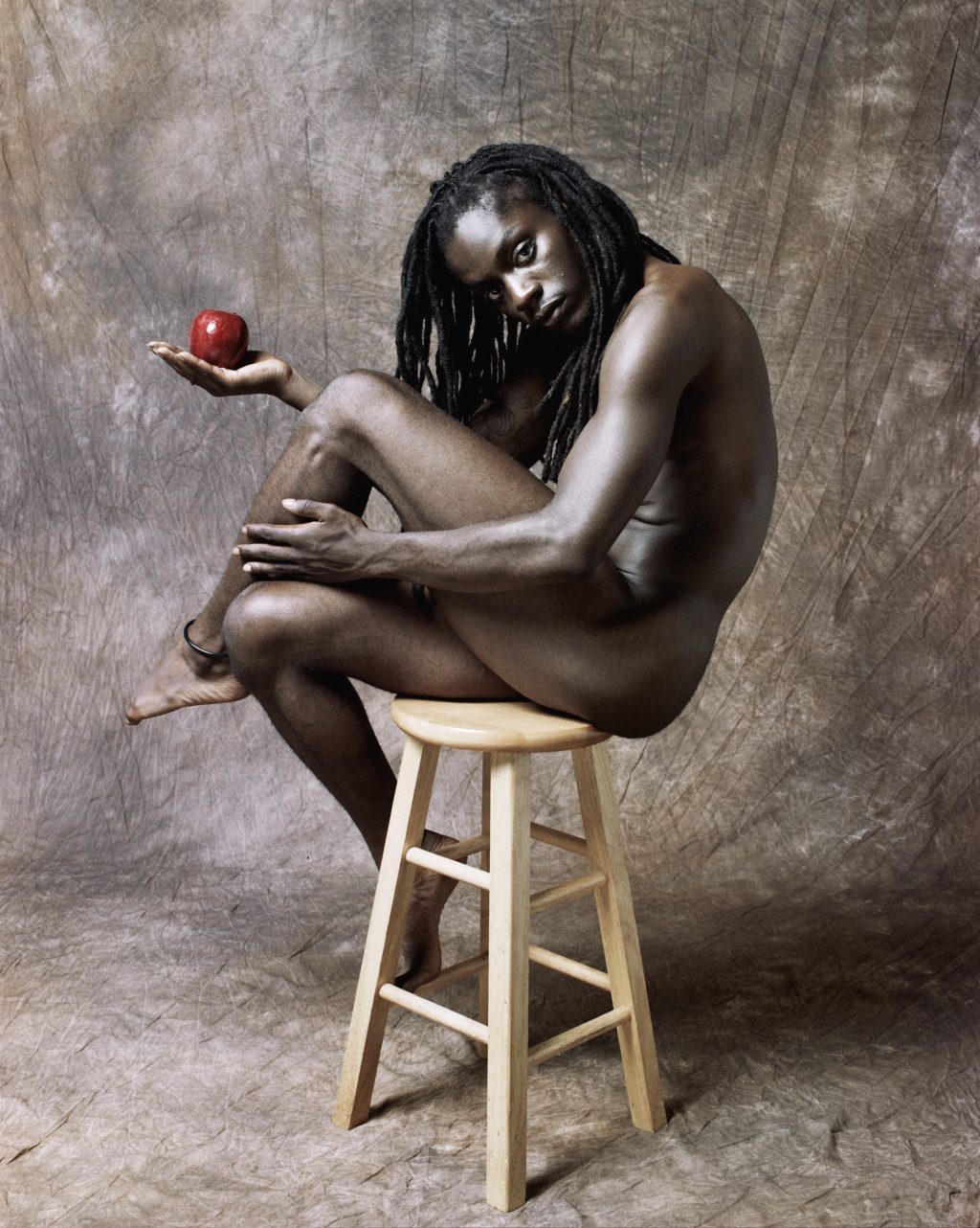 Subject: Amal the dancer. 120 film, shot at exposure index 200. Mamiya RZ67, Speedotron 2400 watt second pack and head--Photek Softlighter II (large) to camera left and sheet of scrap white seamless as bounce from right. Straight scan from processor, no editing.