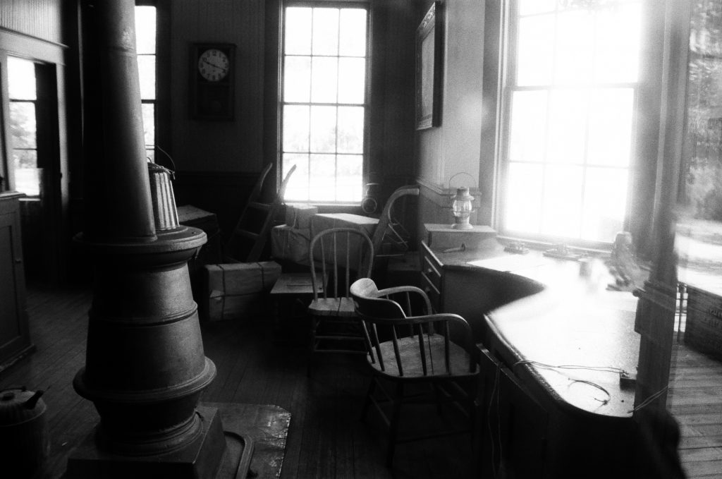 Railway Station, Wichita Old Cowtown. Pentax ZX-M, 28mm, f/9.5, 1/8 sec, CineBloom 10% filter. Darkroom developed and scanned