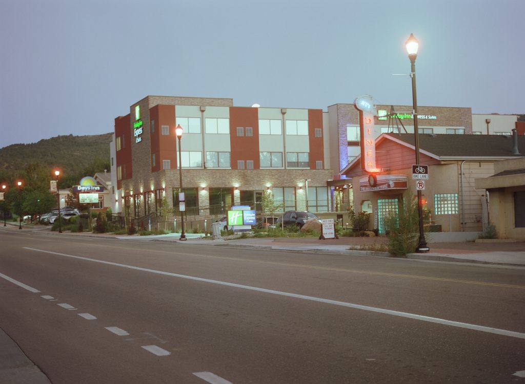 Before Sunrise, Manitou Springs CO, Sep 25, 2022. Mamiya 645AFD, 90mm, f/4.5, 4 sec, CineBloom 10% filter. Developed and scanned by The Darkroom.