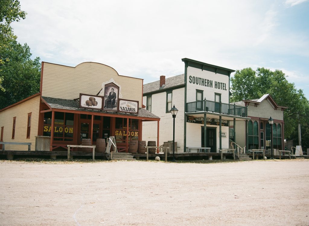 Quiet Main Street. Wichita Old Cowtown, August 2022. Mamiya 645AFD, 55mm, f/4.5, 1/50sec. Developed and scanned by The Darkroom.