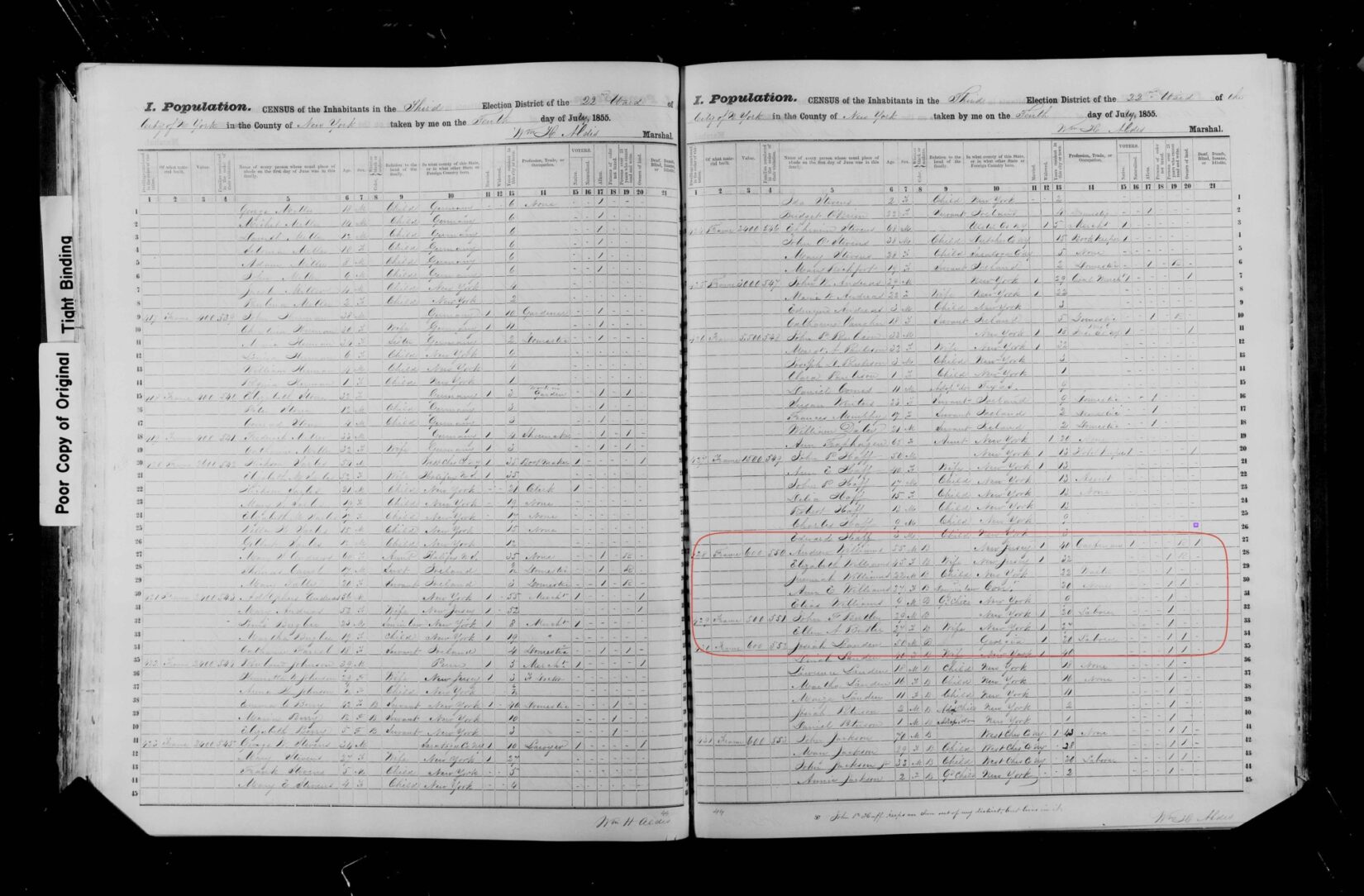 A scanned image of a book showing rows and columns filled with cursive writing in black ink.