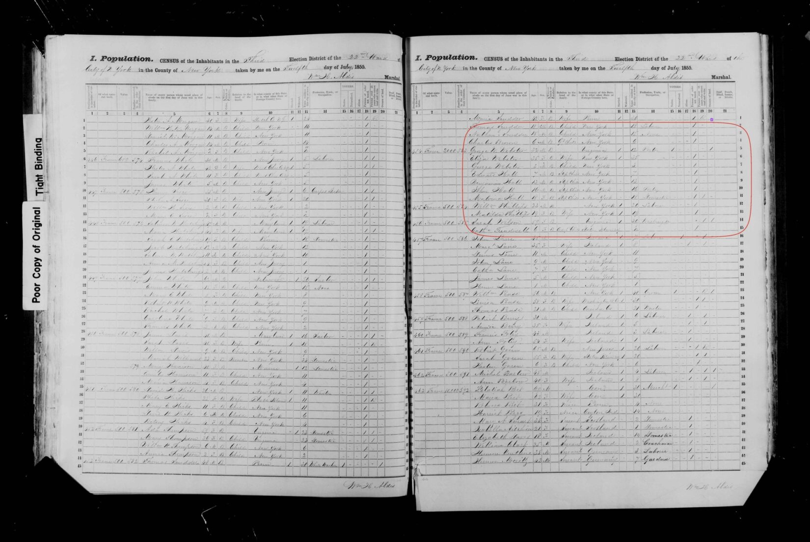 A scanned image of a book showing rows and columns filled with cursive writing in black ink.