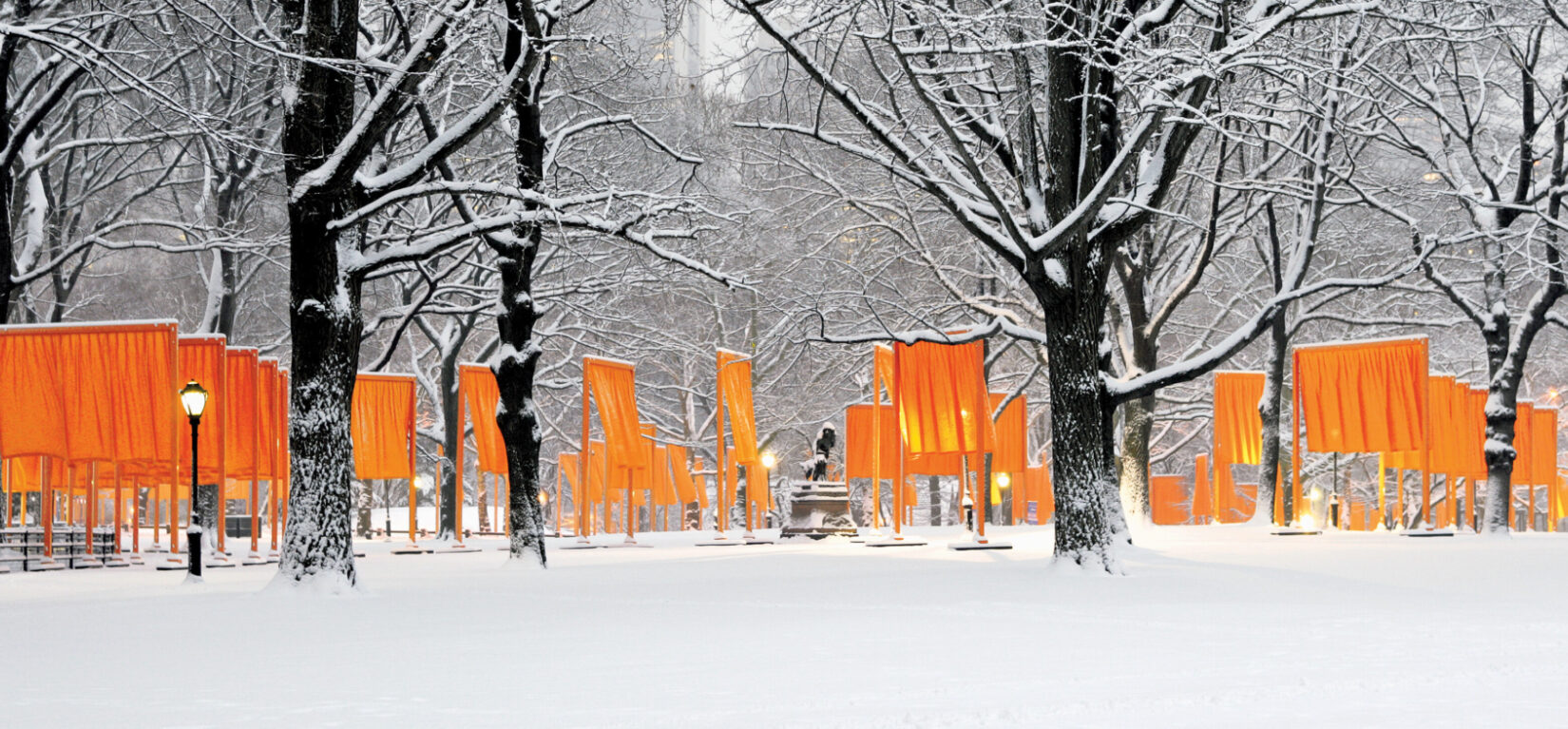 The Gates panels in the snow in Central Park