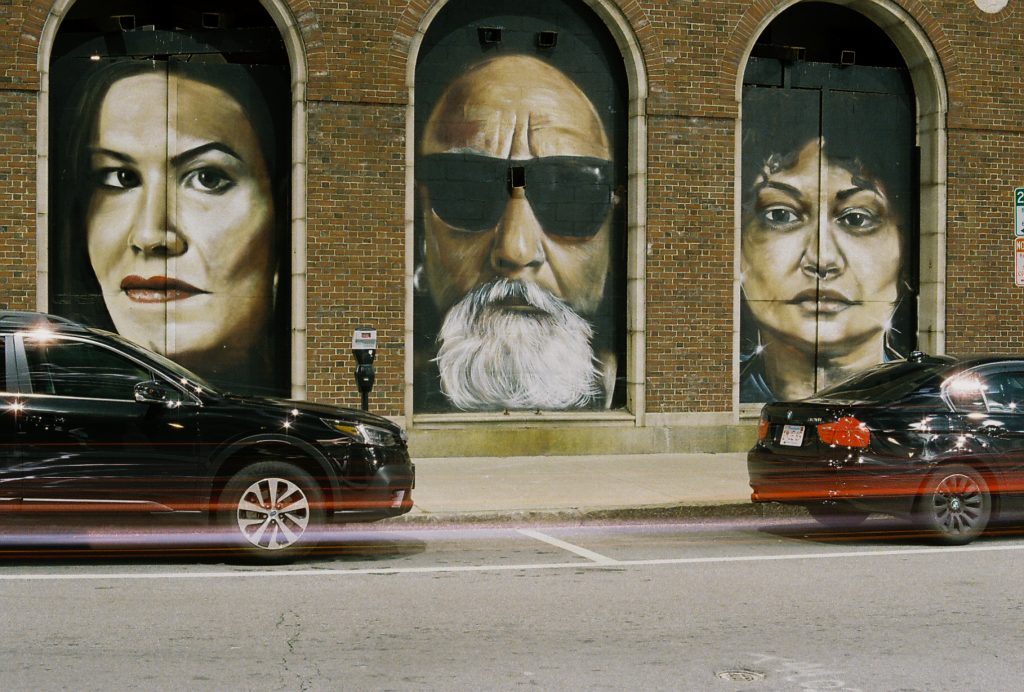 "Ode to Artist in Spraypaint", an art installation in downtown Providence, RI. Painting by Kendel Joseph. Long nighttime exposure at f/16.