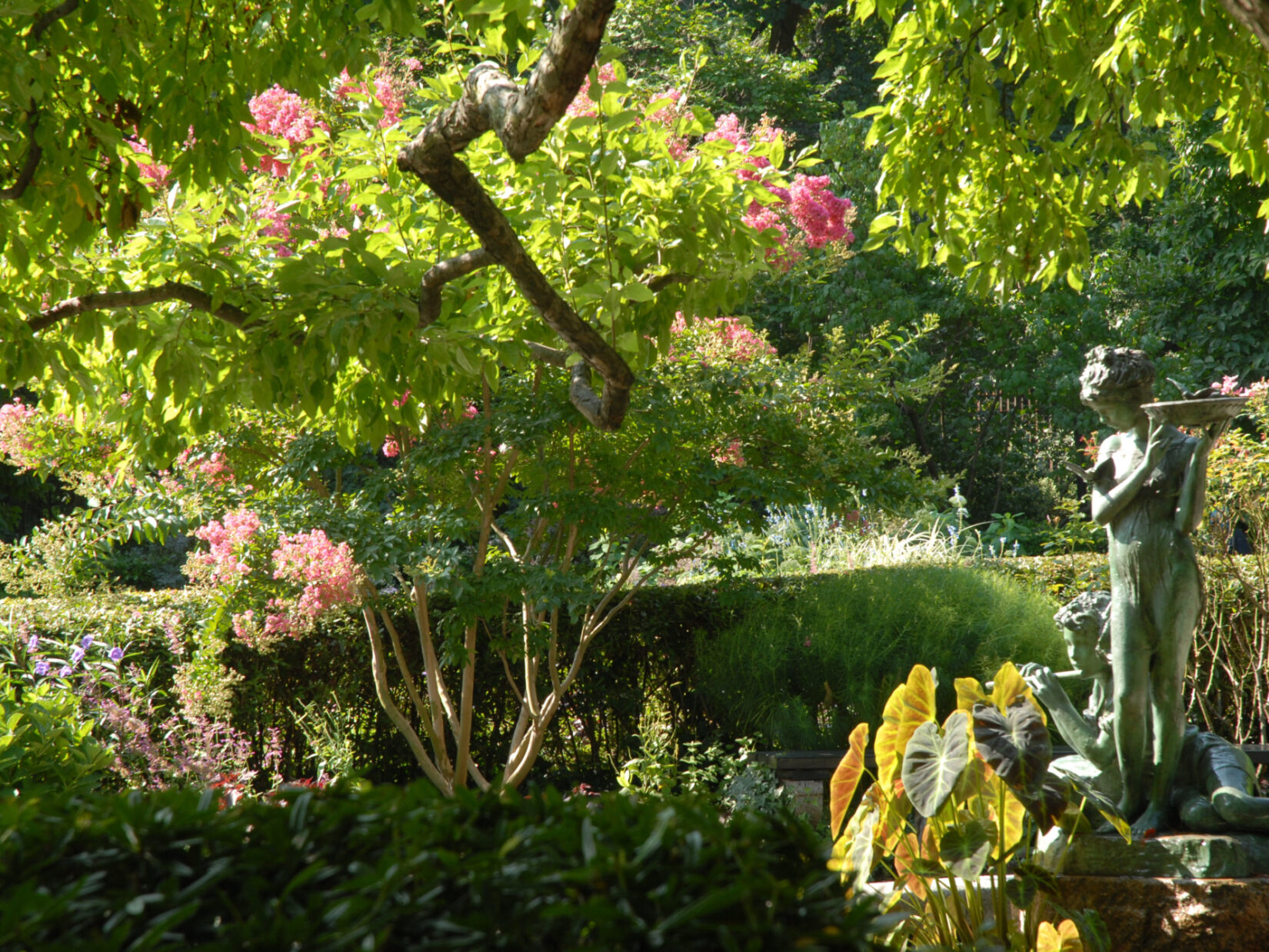 Close-up shot of the Burnett Fountain, framed by flowers.