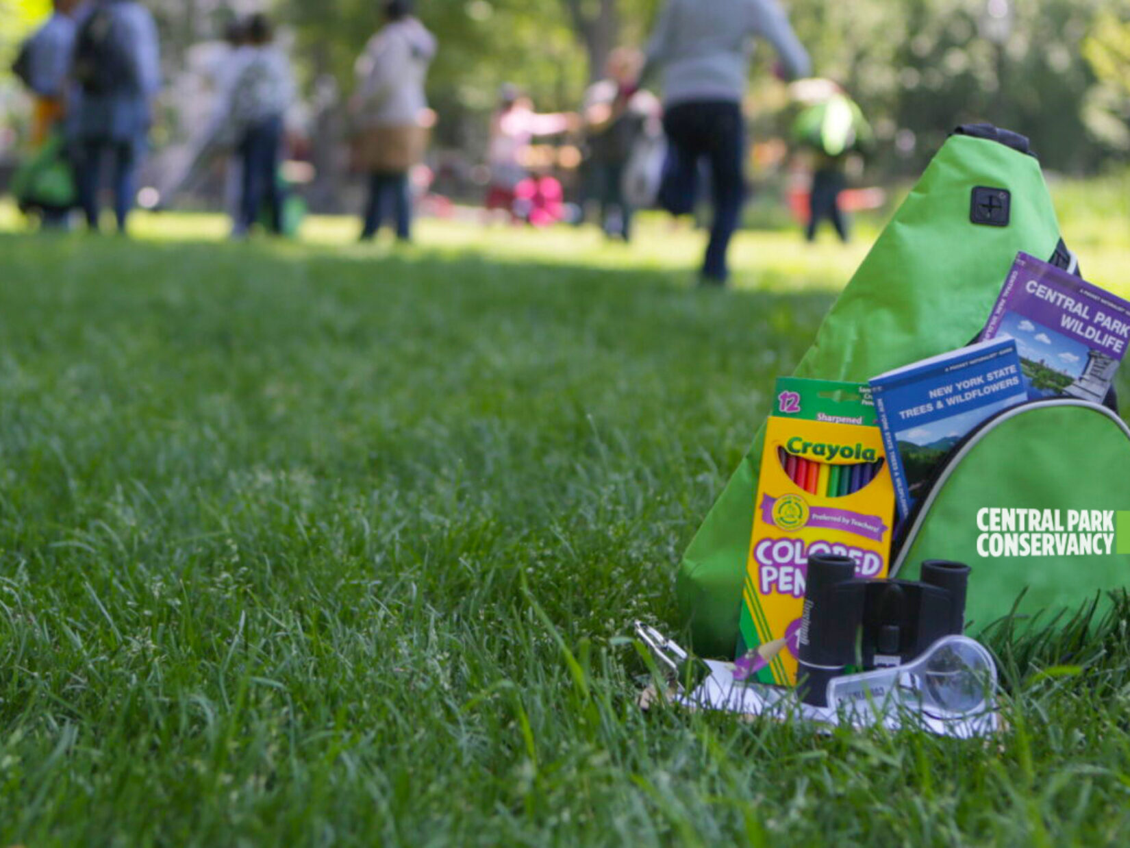 A Discovery Kit with crayons, binoculars, and other goodies, pictured on a lawn in summer in Central Park