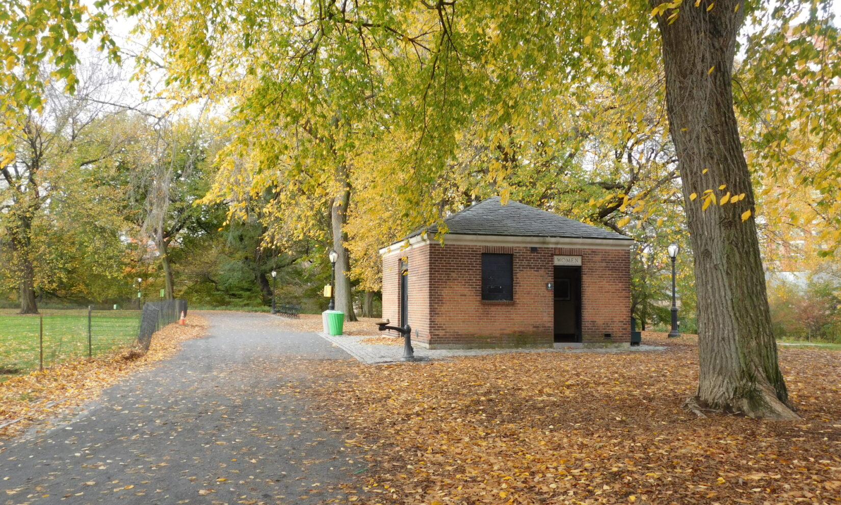 Great Hill Public Restroom, fall leaves in foreground