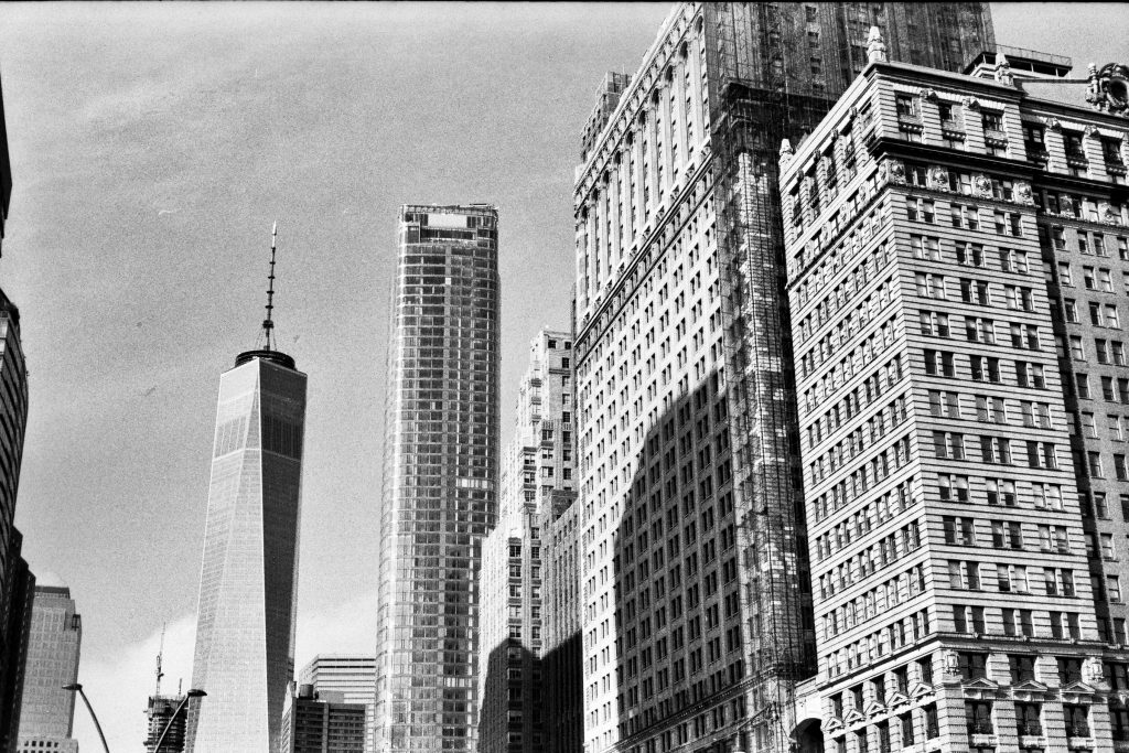 A city-scape showcasing highlights and shadows... check out the Freedom Tower! Shot on a Yashica Electro 35