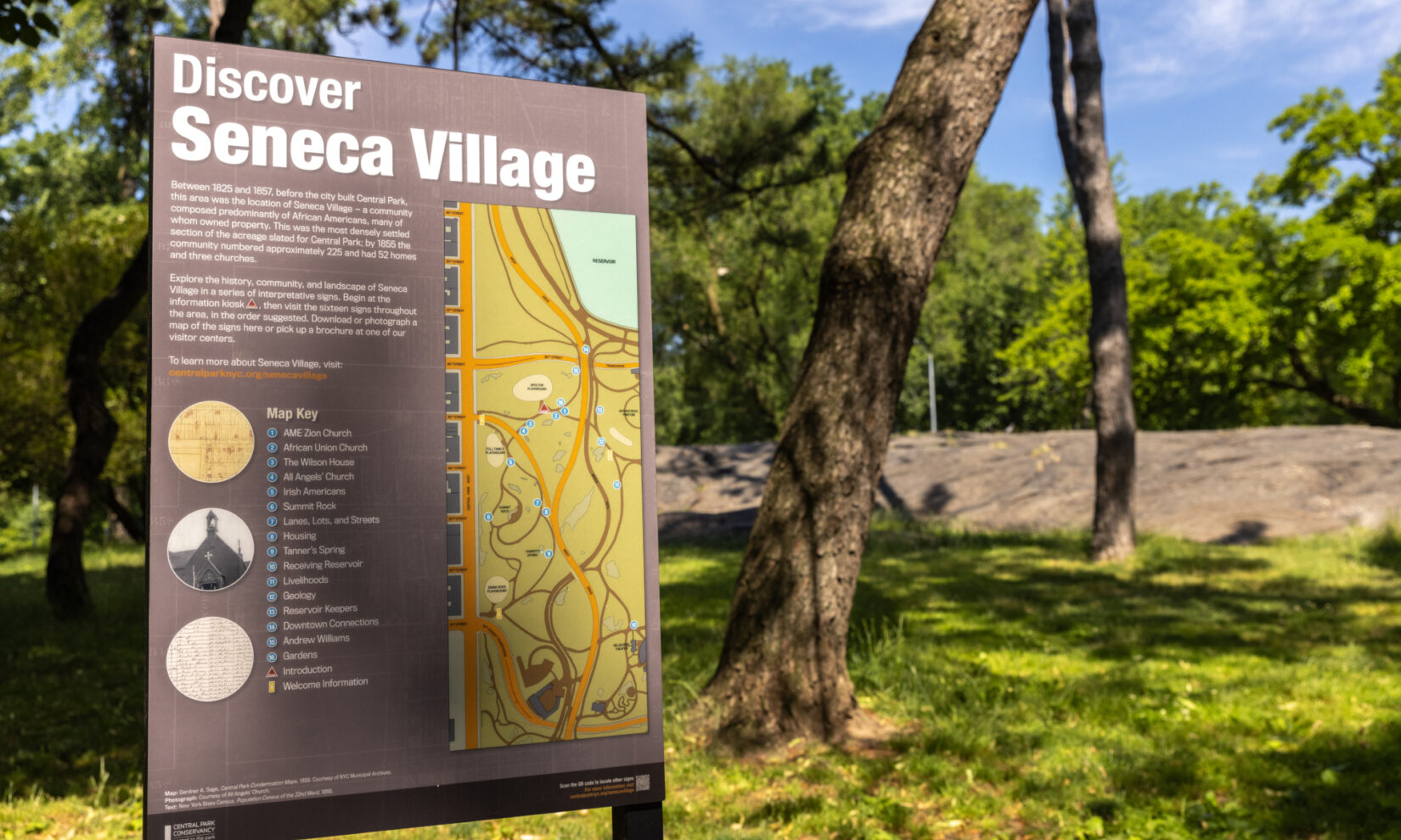The Seneca Village sign in Central Park, NYC