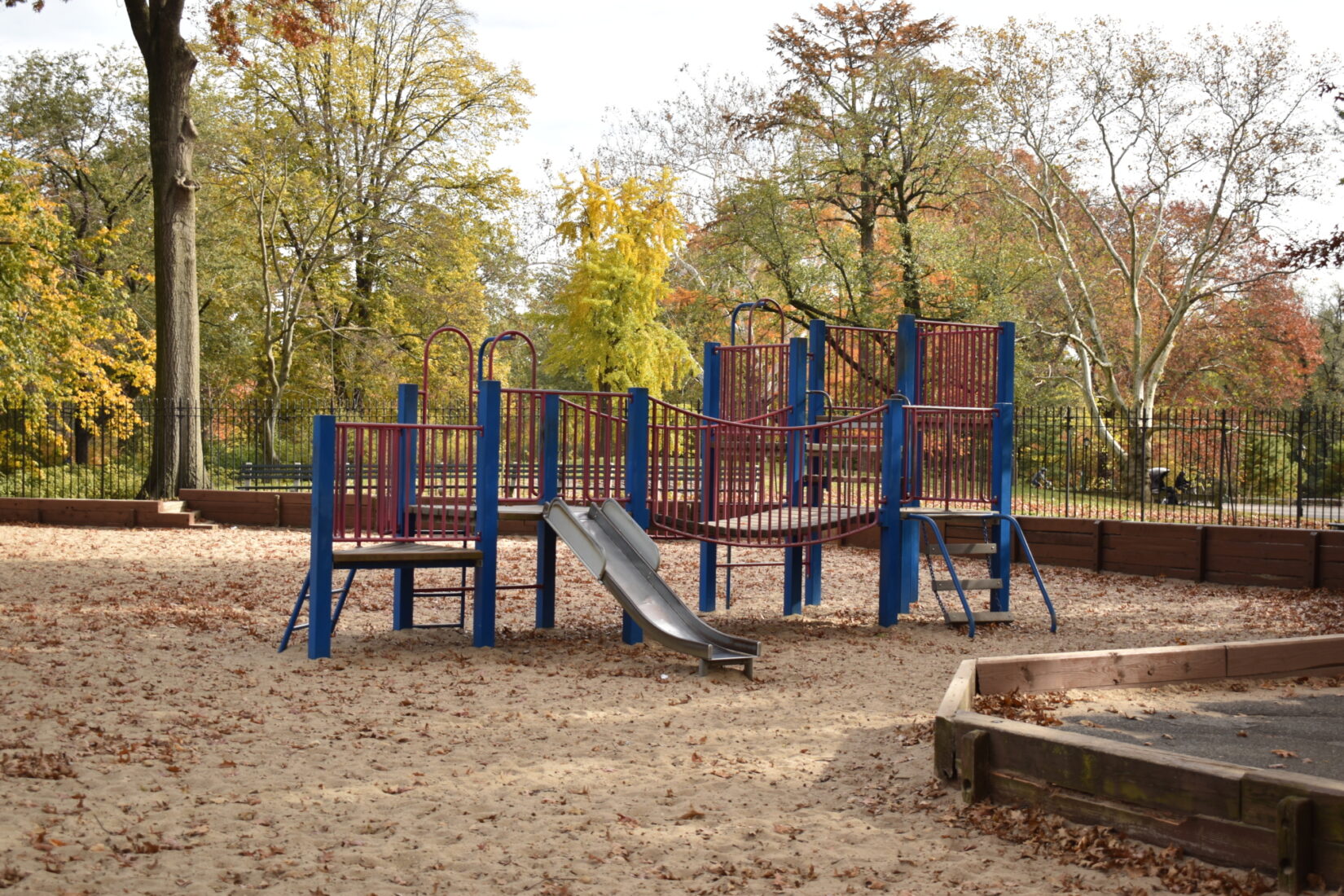 The W 85th St Playground in Central Park, slides and climbing structures